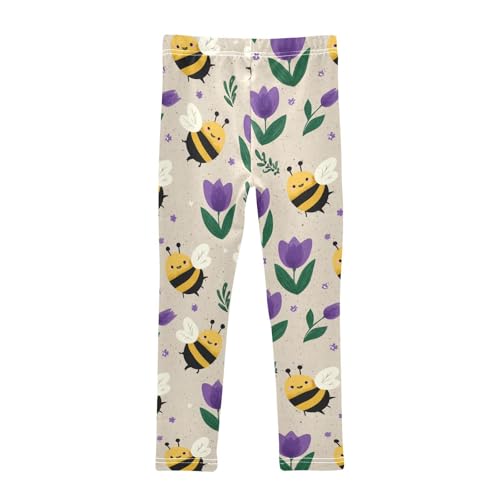 Cute Cartoon Bees Purple Tulips Girls Leggings Kids Yoga Pants Dance Active Tights 4T2