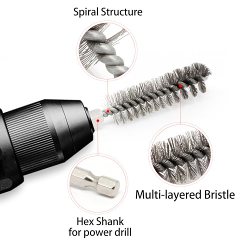 Image of 12pcs Bore Brush for Drill, 1 /4 inch Hex Shank Stainless Steel Twisted Wire Brush for Drill, Bristle Round Wire Brush with Different Sizes, Tube Pipe Cleaner for Rust (Diameter 8,10,12,15,17,19mm)
