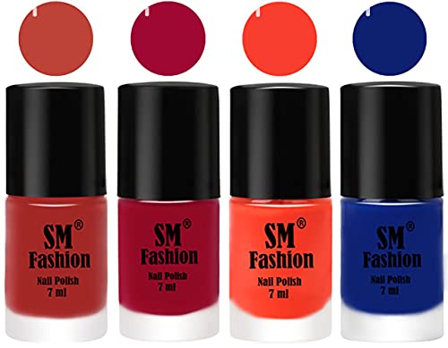 Image of Nail Polish Combo Set (Pack of 4) Quick Dry Gel Finish Nail Paint | Dark Nude,Pure Wine,Light Orange,Blue | 7 ml Each