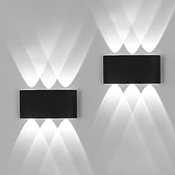 FUPE 2 Piezas Lámparas de Pared Exterior/Interior LED Aplique Pared 12W 1200LM ip65 impermeables up and down lámparas de pared de aluminio modernas que brillan arriba y abajo(Negro 6500k luz fría)