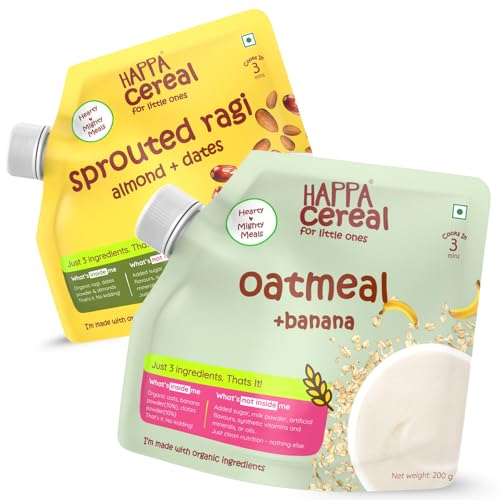 Image of Happa Organic Food Oatmeal Porridge Mix Cereal 200 gm (Pack of 2, Ragi + Almonds + Dates & Oatmeal + Banana)