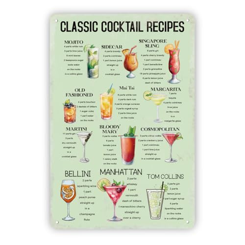 Metal Tin Signs, Classic Cocktail Recipes, Retro Metal Signs Plaque, Man Cave Decor, Cocktail Wall Art, Patio Backyard Decor, Wine Bar Club Wall Decoration, Vintage Tin Sign for Indoor Outdoor Decor