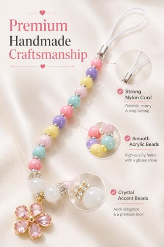 Image of Handmade Beaded Phone Charm Strap for Women & Girls | Aesthetic Mobile Charm | Pearl & Crystal Bead Wrist Strap | Cute Phone Bag Accessory | Korean Style
