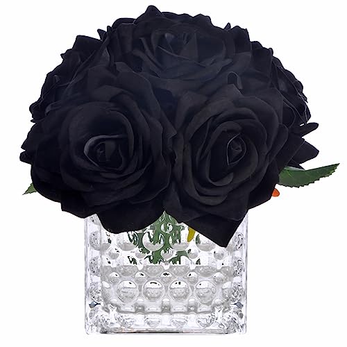 Fule Artificial Silk Rose Flower Centerpiece Arrangement in Glass Vase with LED Light for Home Wedding Decoration (Black)