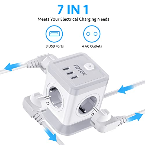 Regletas Enchufes Cubo FDTEK Ladron Enchufes Plano con 3 USB 5V/2.4A y 4 Tomas, 2500W/10A Enchufe Multiple USB Alargador Enchufe 2 m con Interruptor y Proteccion Sobretension para Hogar,Oficina Balnco