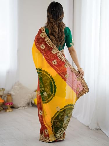 Image of Satrani Women's Georgette Bandhani Printed Embroidered gota lace Saree with Unstitched Blouse Piece