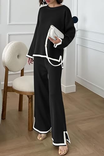 PRETTYGARDEN Women's 2 Piece Fall Knit Sweater Set Long Sleeve Tops Wide Leg Pants Sweatsuit Tracksuit Outfit Winter Clothing