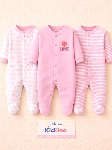 Image of Kidbee Baby Boys & Girls Full Sleeves Cotton Footed Romper Sleepsuit Pack of 3