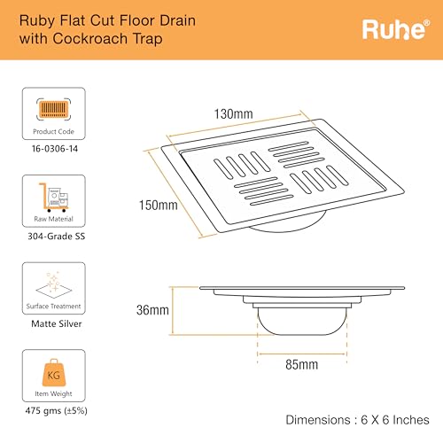 Image of Ruhe Ruby Exclusive Square Flat Cut Floor Drain | 304-Grade Stainless Steel Drain Jali | 6 x 6 inches | Floor Drainer with Cockroach Trap /Jali