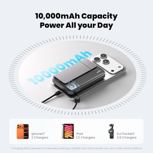 Image of sharge ICEMAG 3 MagSafe Portable Charger, Qi2.2 25W Magnetic Power Bank 10000mAh 35W USB-C Fast Charging, with Active Cooling& Built-in Cable, Transparent RGB Design for iPhone 17 /16 /15 /14 Series