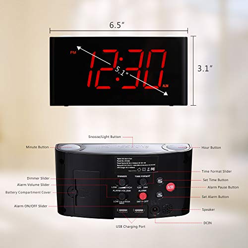 Rocam Home LED Digital Alarm Clock - 7" Large Red Display, Loud Alarm, 7 Colored Night Light, Snooze, Dimmer, Dual USB Charger Ports, Battery Backup, 12/24 Hours for Bedrooms, Kids, Heavy Sleepers - Thumbnail 6
