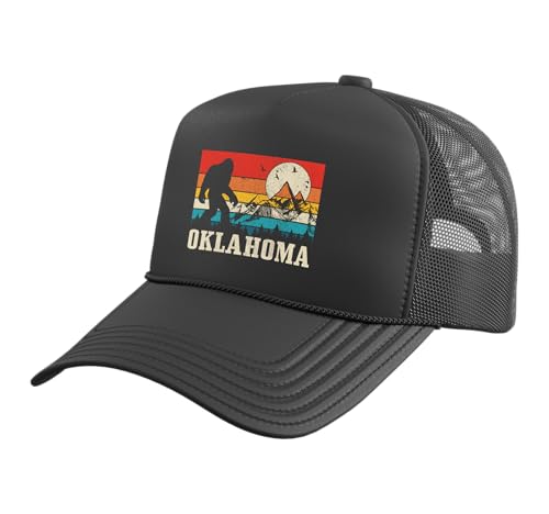 Oklahoma Bigfoot Vintage Mountains Hiking Camping Gift Trucker Hat with Adjustable Mesh Back, Black
