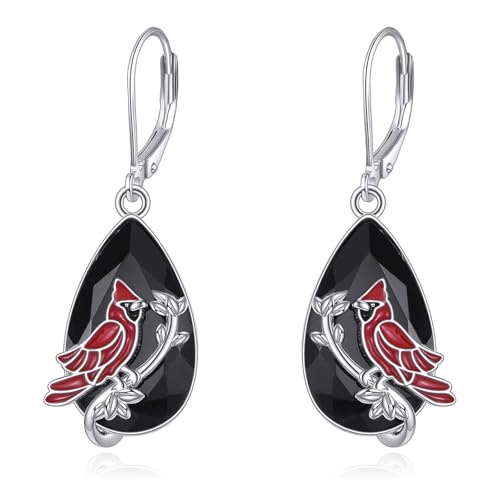 Boucles d'oreilles cardinales rouges argent 925 et tourmaline noire goutte