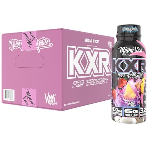 Image of VMI Sports KXR High Stimulant Pre-Workout Energy Ready to Drink 400mg Caffeine, 6g Citrulline, 3.2g Beta-Alanine | Delicious - Convenient - Powerful | 12.5 oz Bottles (Miami Vice, 12 Bottles)