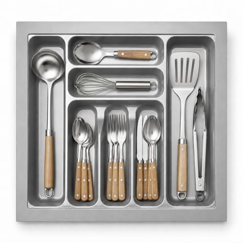 SmartSlide Cutlery Tray for Kitchen Drawer (21 x 21 Inch / 530 x 525 mm, Grey) | Drawer Organizer for Modular Kitchen Multi-Compartment Utensil Holder