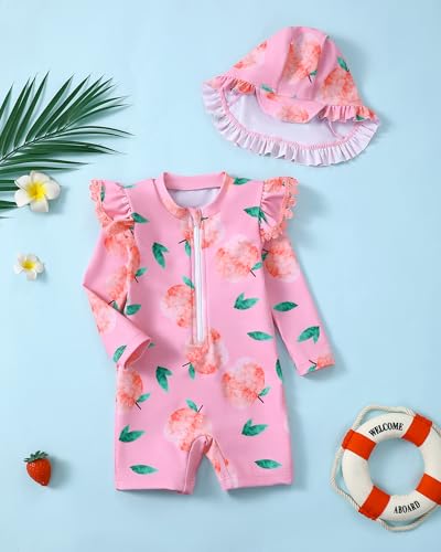 Image of Toddler Girl Swimsuit Baby Girl Bathing Suit Long Sleeve Floral Zipper One-Piece Rash Guard Swimsuit with Hat