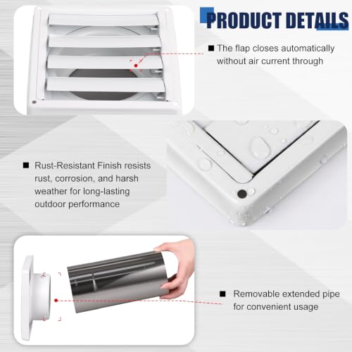 Image of Shimeyao 4 inch Wall Vent Cover Stainless Steel Outside Dryer Vent Covers for House Exhaust Duct Kit with Removable Extension Pipe 8 Inch and 4 Screw for House Outdoor Extended Air Pipe, White