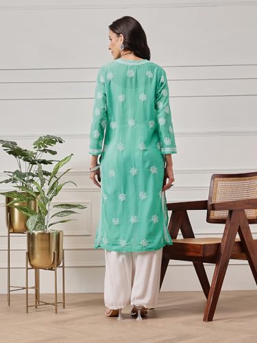 Image of Ada Lucknow Chikankari Hand Embroidered Faux Georgette Kurta Kurti Tunic Dress for Women A95504