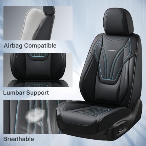 Image of Coverado Car Seat Covers Full Set, 5 Piece Car Seat Protector with Lumbar Support & Removable Headrest, Breathable Leather Front Rear Seat Cushion Universal Fit for Truck Automotive Black & Blue