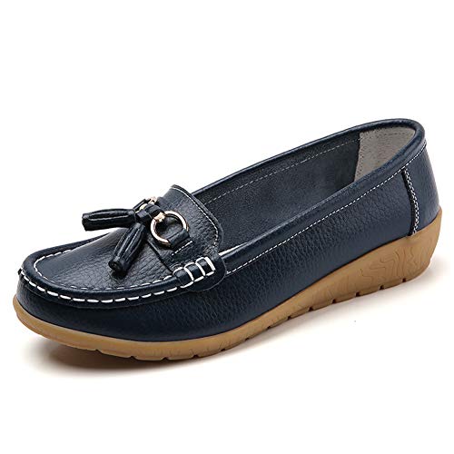 Image of Women Loafers Leather Rubber Sole Slip On Walking Flats Casual Moccasin Boat Shoes