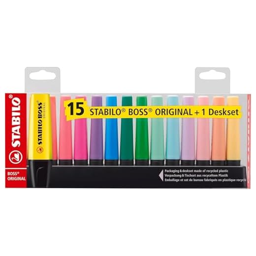Marca Texto – STABILO BOSS ORIGINAL – Estojo com 15 unidades + Suporte de mesa – Em 15 cores