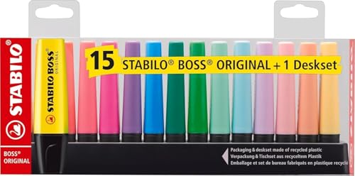 Marca Texto – STABILO BOSS ORIGINAL – Estojo com 15 unidades + Suporte de mesa – Em 15 cores