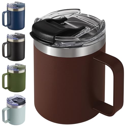Image of 12oz Insulated Coffee Mug Cup with Handle, Stainless Steel Travel Coffee Mug with Flip Lid, Double Wall Vacuum Coffee Tumbler,Nut Brown