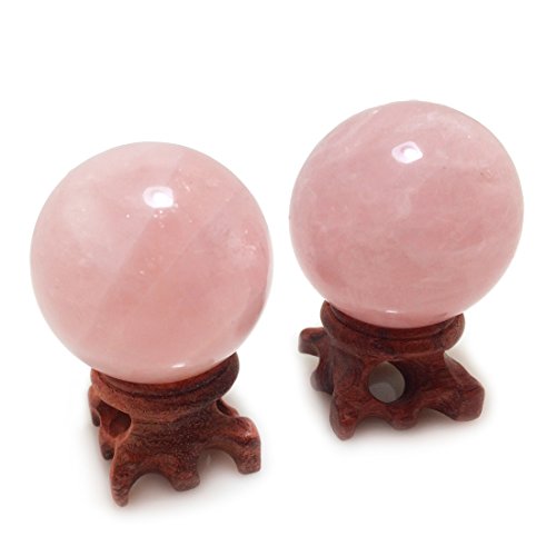 Polar Jade Set Of 2 Rose Quartz Crystal Balls With Stands, 45Mm / 1.8 Inch Diameter, For Scrying, Decoration, Healing, Meditation, Feng Shui, Hand-Made #TOP2
