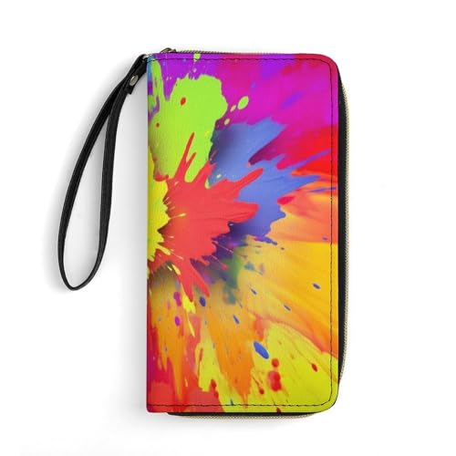 Colorful SplashPrint Long Wallets PU Leather Clutch Purse Card Holder Wallet, with Wristlet Zip Around Long Wallet for Women & Men