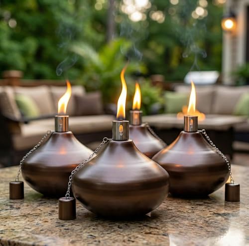 Seraphic Citronella Torch Candles for Outdoor Patio and Deck - 30oz Large Table Top Stainless Steel Metal Burner Torches for Outside, Bronze Finish, Set of 4