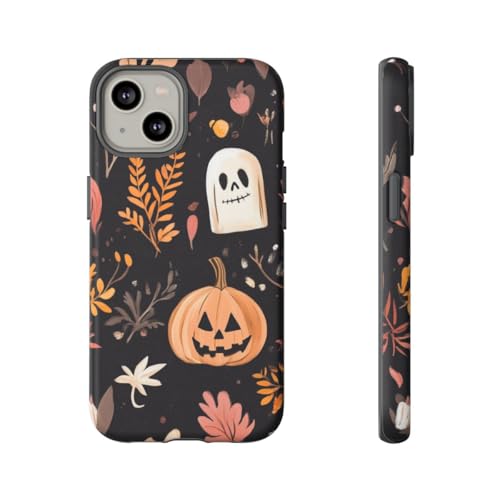 Coque iPhone 14 fantôme rigide mate noire protection antichoc motif citrouille