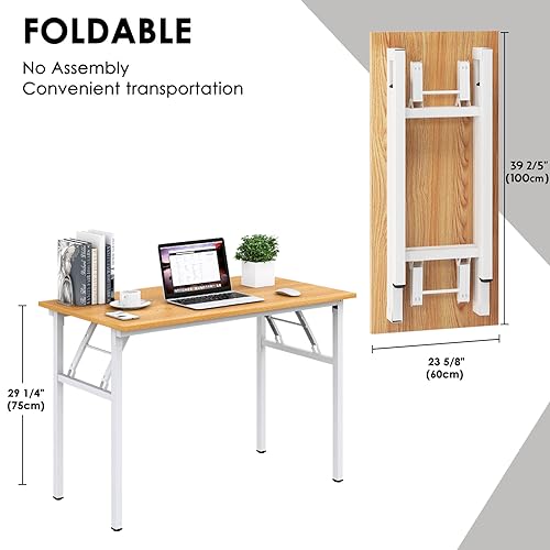 Image of Need Office Computer Desk 39.3 Inch Sturdy Folding Laptop Table Teak | White Frame Writing Gaming Work Table /Foldable Home Office Desk /Sewing Table, No Assembly Required