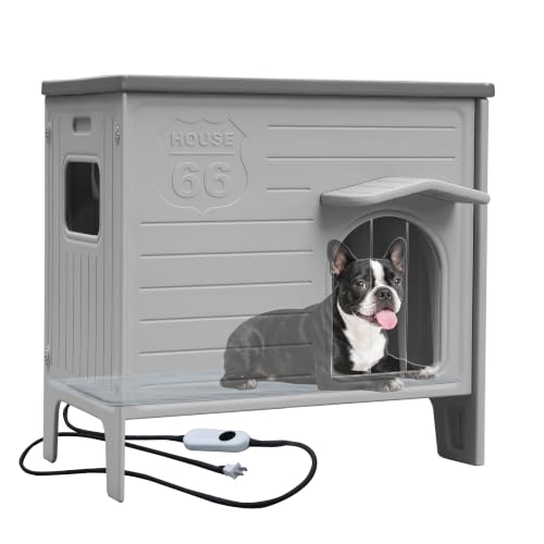 Heated Dog House Outdoor Weatherpoof Plastic Dog House for Medium and Small Dogs(26.7 L x 26.7 W x 21.4 H) - Grey