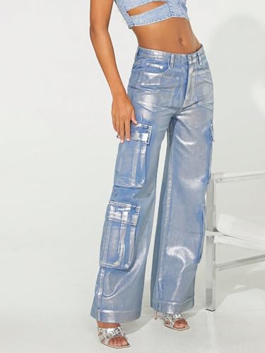 Women's High Waist Metallic Cargo Jeans Flap Pocket Wide Leg Denim Pants3