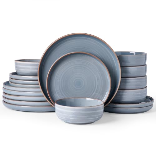 Image of Famiware Meteor 18-Piece Stoneware Dinnerware Set, Blue Gray | Plates and Bowls for 6, Reactive Glaze with Speckles & Circles, Microwave /Dishwasher Safe, Chip /Scratch Resistant