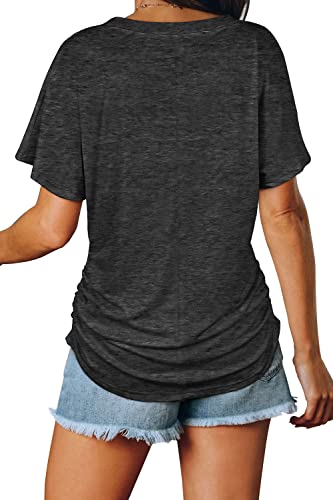 Image of WIHOLL Womens Summer T-Shirts Short Sleeve V Neck Dolman Tops with Side Shirring Loose Fit Shirts Spring Fashion