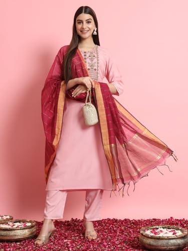 Image of VredeVogel Women's Silk Blend Embroidered Kurta with Pant & Viscose Print Dupatta Set