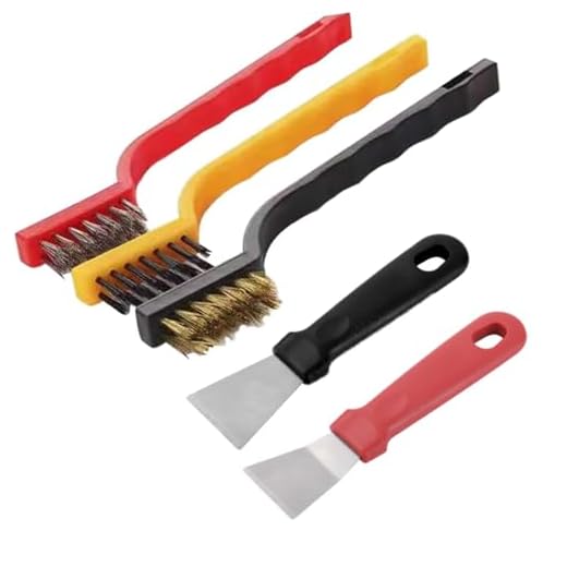 Katartizo 5Pcs Kitchen Stove Cleaning Brush + Scraper Tool Set, Heavy Duty Scraper for Gas Burners Cooktop Pot Pan Brass, Stainless Steel and Nylon Brush Head Brushes for Range Hood Grease Grime