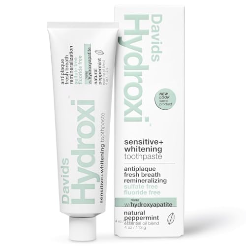 Davids Hydroxi Fluoride Free Nano Hydroxyapatite Toothpaste for Remineralizing Enamel & Sensitive Relief, Whitening, Antiplaque, SLS Free, Natural Peppermint, 4 oz, Made in USA