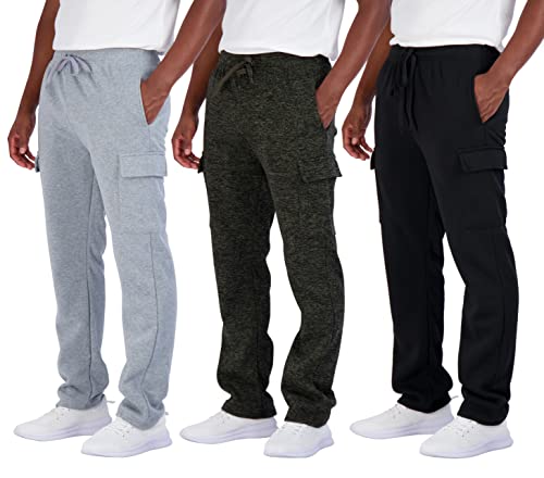 3 Pack Mens Open Bottom Cargo Pants Fleece Active Sports Athletic Training Sweats Track Running Casual Workout Men Pant Jogger Baggy Cargos Sweatpants Pockets Bottoms Lounge Heavy Warm - Set 8, L