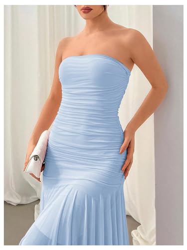 Floerns Tube Tops Dress for Women Asymmetrical Stretch Sexy Ruched Long Bodycon Cocktail Evening Wedding Guest Dress3