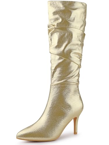 Allegra K Allegra K Women's Pointed Toe Slouch Stiletto Heels Gold Knee High Boots 6.5 M US