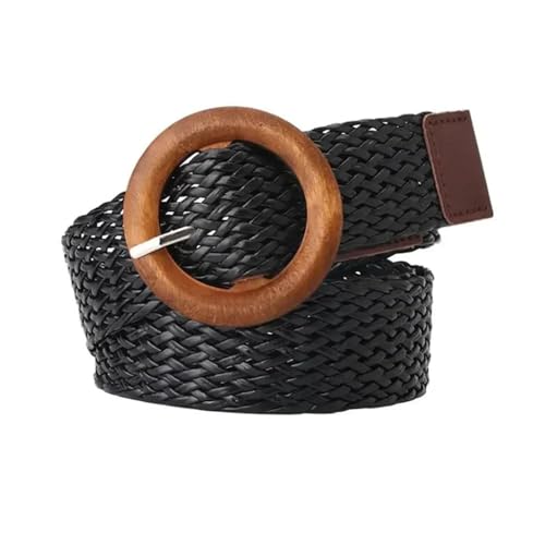 Braided Waist Belt Black Coffee Female Vintage Round Wooden Smooth Buckle for Skirts, High-Waisted Pants