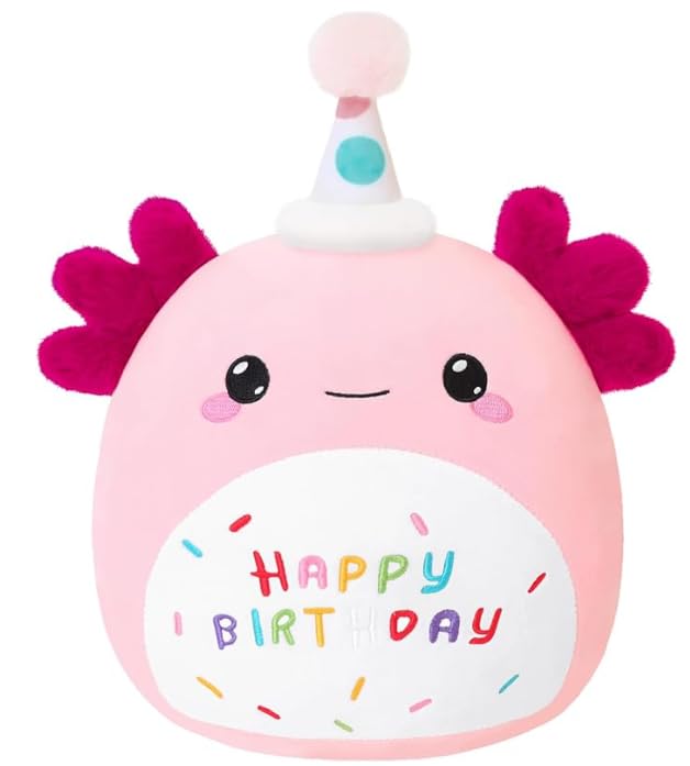 Image of SQEQE Happy Birthday Axolotl Plush Axolotl Stuffed Animal Toy Pink Birthday Plushies Home Decor for Girls Boys Kids(14 Inch)