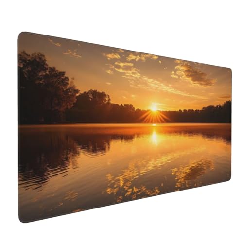 Podkładka pod mysz do gier o zachodzie słońca XXL 1200 x 600 mm, podkładka pod mysz dla graczy podkładka pod mysz nad jeziorem XXL z wodoodporną i antypoślizgową gumą, szyte krawędzie do biura, pod