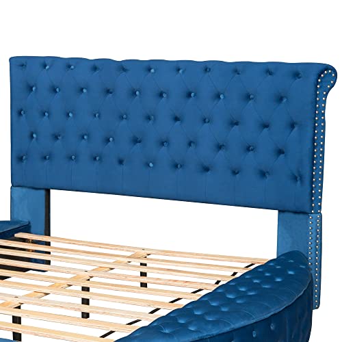 Citylight Queen Size Round Shape Upholstered Platform Bed With Storage Space On Both Sides And Footboard, Button Tufted Queen Storage Bed Frame For Kids Teens Adults,No Box Spring Needed,Blue #TOP7