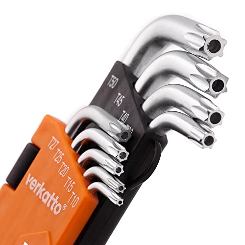 MIVOS Juego de 9 llaves Torx con Estrella T10-T50 / Juego de llaves Acodadas Largas/Kit de Torx Acodadas en el Soporte/Acero Cromado Vanadio/Dureza: 52-56