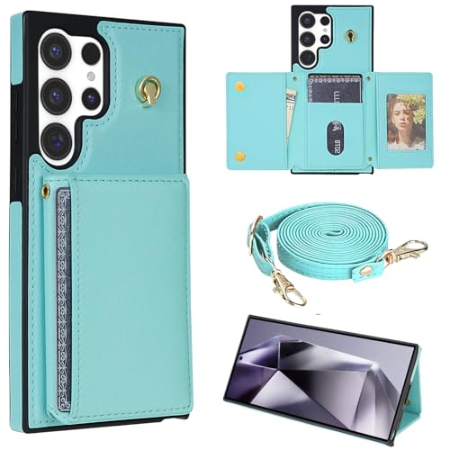 Dteck for Galaxy S25 Ultra 6.9" Wallet Case with Shoulder Strap, 5 Card Slots, Magnetic Button Closure, RFID Blocking, Stand Function, Stylish Solid Color PU Leather Protective Phone Back Cover, Mint