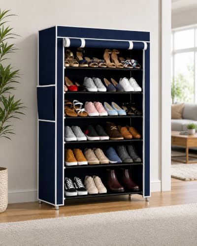 Image of 6 Layer Shoe Rack Plastic with Blue Cover | Multipurpose Plastic Shoe Rack for Home | Space Saving Foldable Shoe Stand | Storage Rack for Home, Bedroom & Entryway.