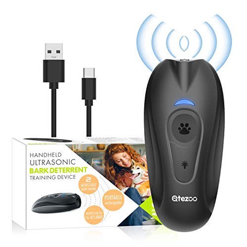 Ampher Qtezoo Bark Control Device-Ultrasonic Rechargeable Anti Barking Device Dog Bark Deterrent, 2 in 1 Handheld Dog Training Aid Stop Barking Device with LED Light, 16.4FT Range and Wrist Lanyard